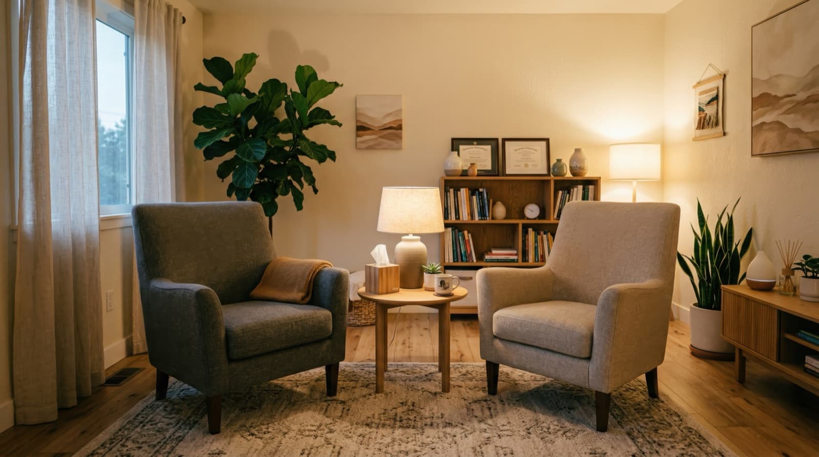 The counseling office — two armchairs facing each other beside a bookshelf, in warm lamplight